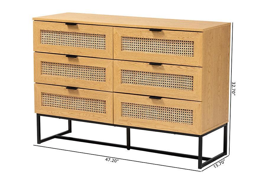 Sawyer Mid-Century Modern Industrial Oak Brown Finished Wood and Black Metal 6-Drawer Storage Cabinet with Natural Rattan FredCo