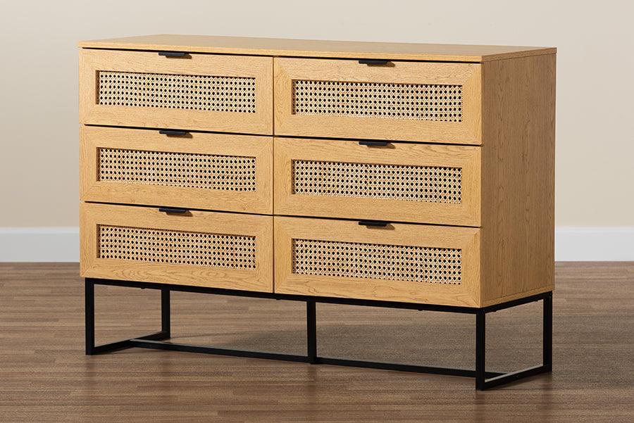 Sawyer Mid-Century Modern Industrial Oak Brown Finished Wood and Black Metal 6-Drawer Storage Cabinet with Natural Rattan FredCo