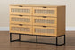 Sawyer Mid-Century Modern Industrial Oak Brown Finished Wood and Black Metal 6-Drawer Storage Cabinet with Natural Rattan FredCo