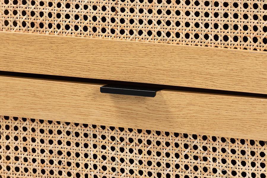 Sawyer Mid-Century Modern Industrial Oak Brown Finished Wood and Black Metal 6-Drawer Storage Cabinet with Natural Rattan FredCo