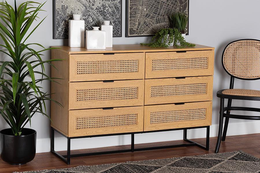 Sawyer Mid-Century Modern Industrial Oak Brown Finished Wood and Black Metal 6-Drawer Storage Cabinet with Natural Rattan FredCo
