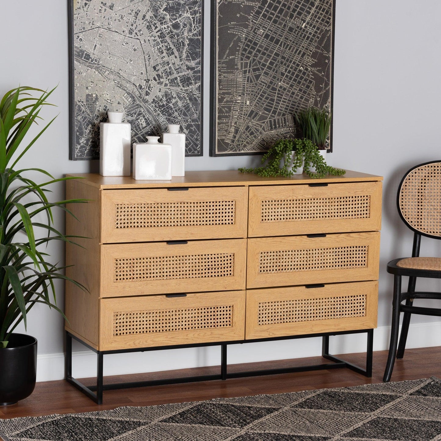 Sawyer Mid-Century Modern Industrial Oak Brown Finished Wood and Black Metal 6-Drawer Storage Cabinet with Natural Rattan FredCo