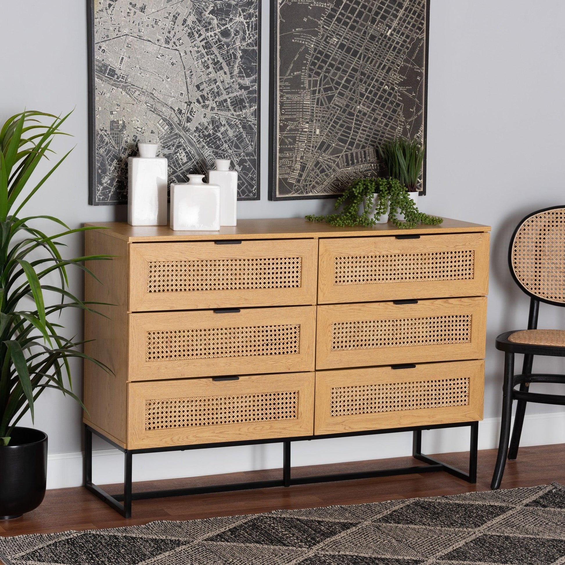 Sawyer Mid-Century Modern Industrial Oak Brown Finished Wood and Black Metal 6-Drawer Storage Cabinet with Natural Rattan FredCo