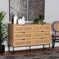 Sawyer Mid-Century Modern Industrial Oak Brown Finished Wood and Black Metal 6-Drawer Storage Cabinet with Natural Rattan FredCo