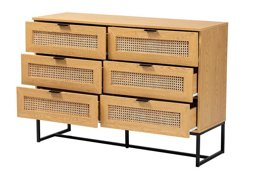 Sawyer Mid-Century Modern Industrial Oak Brown Finished Wood and Black Metal 6-Drawer Storage Cabinet with Natural Rattan FredCo
