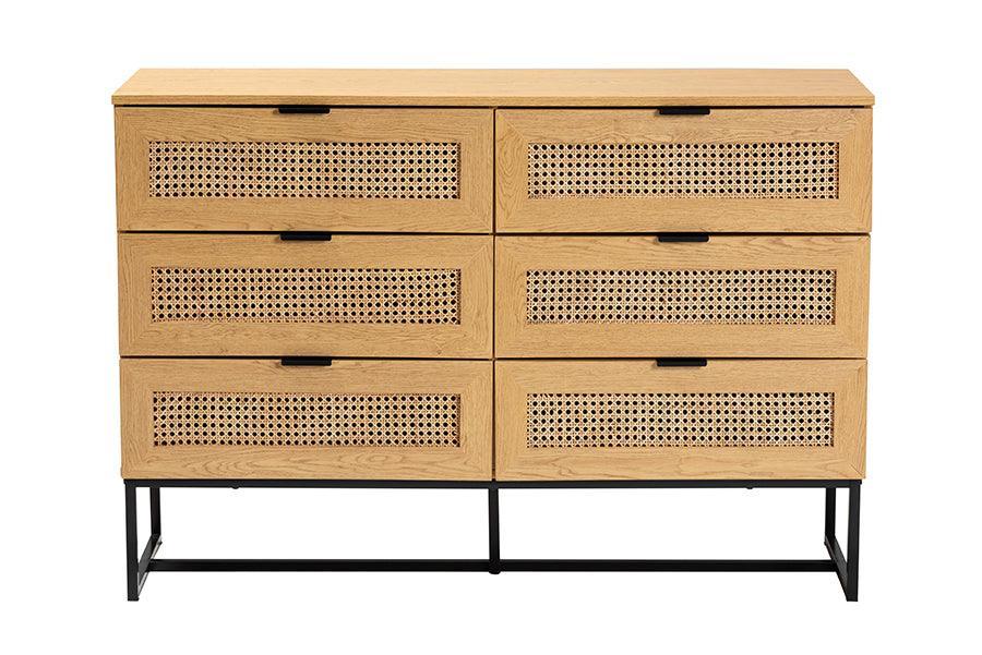 Sawyer Mid-Century Modern Industrial Oak Brown Finished Wood and Black Metal 6-Drawer Storage Cabinet with Natural Rattan FredCo