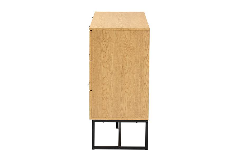 Sawyer Mid-Century Modern Industrial Oak Brown Finished Wood and Black Metal 6-Drawer Storage Cabinet with Natural Rattan FredCo