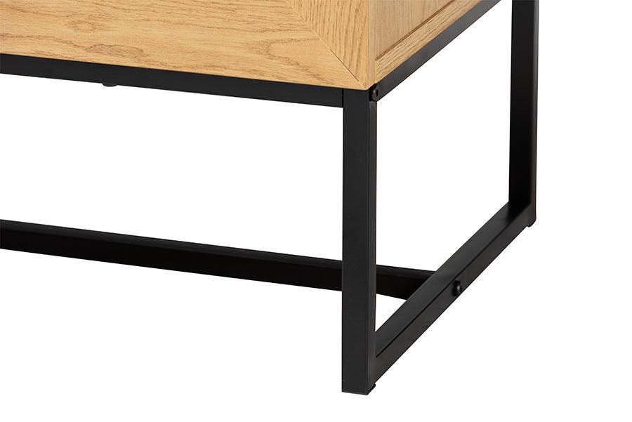 Sawyer Mid-Century Modern Industrial Oak Brown Finished Wood and Black Metal 6-Drawer Storage Cabinet with Natural Rattan FredCo