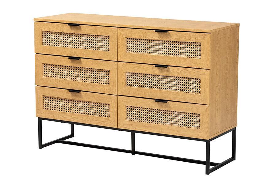 Sawyer Mid-Century Modern Industrial Oak Brown Finished Wood and Black Metal 6-Drawer Storage Cabinet with Natural Rattan FredCo