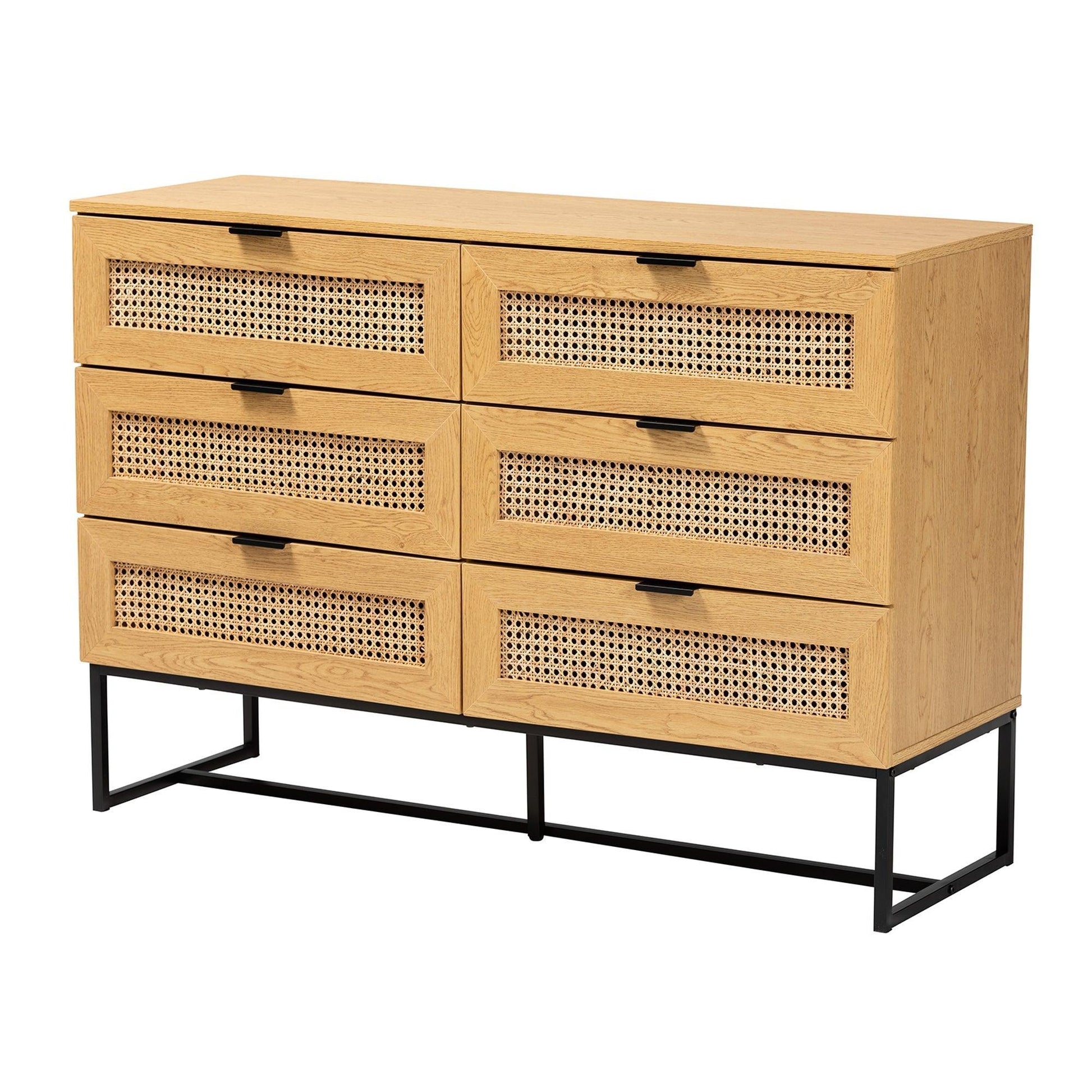 Sawyer Mid-Century Modern Industrial Oak Brown Finished Wood and Black Metal 6-Drawer Storage Cabinet with Natural Rattan FredCo