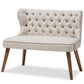 Scarlett Mid-Century Modern Brown Wood and Light Beige Fabric Upholstered Button-Tufting with Nail Heads Trim 2-Seater Loveseat Settee FredCo