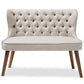 Scarlett Mid-Century Modern Brown Wood and Light Beige Fabric Upholstered Button-Tufting with Nail Heads Trim 2-Seater Loveseat Settee FredCo