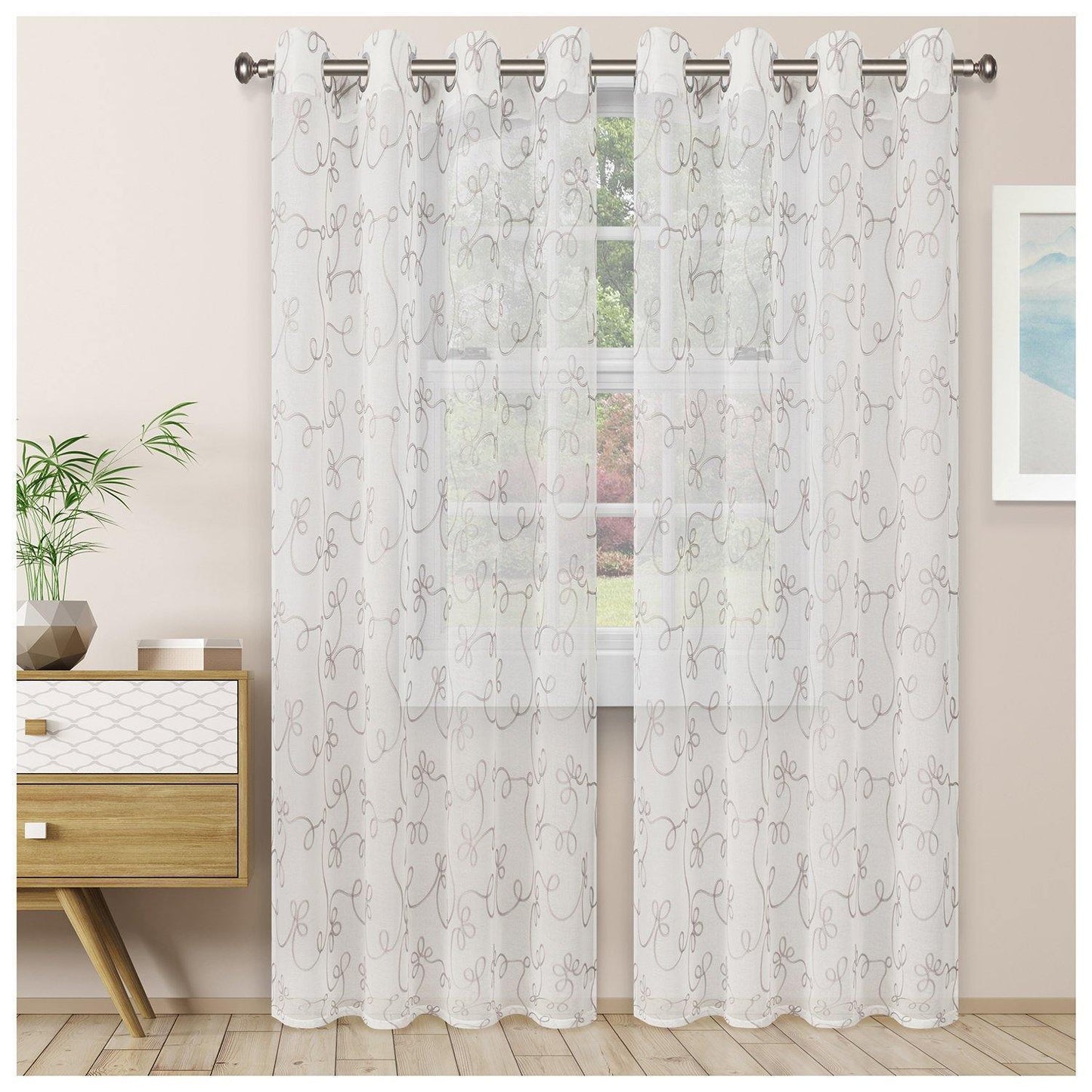 Scroll Soft Diffused Light Airy Lightweight Floral Sheer Curtain Set FredCo