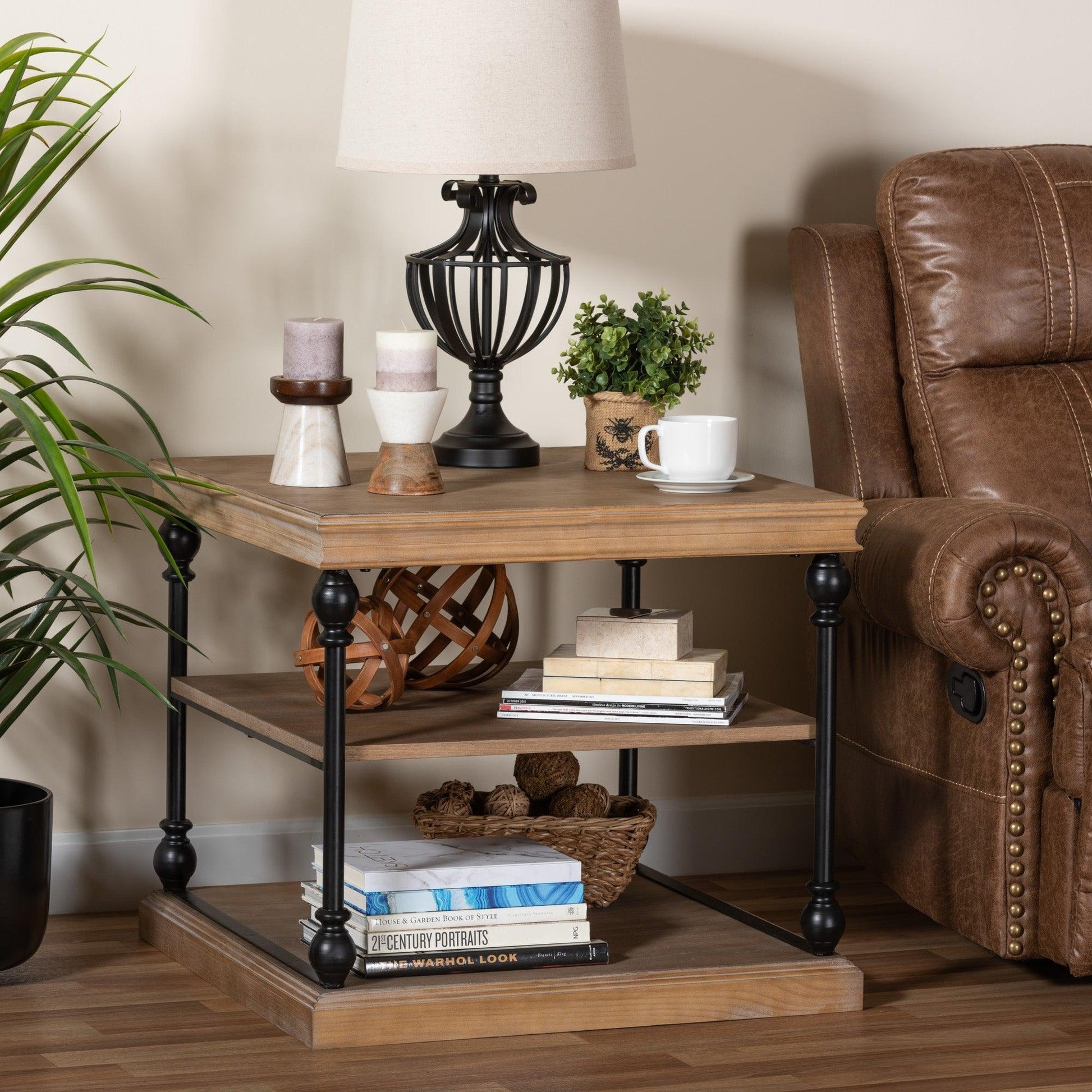Sebastian Traditional Industrial Greywashed Wood and Black Metal 3-Tier End Table FredCo