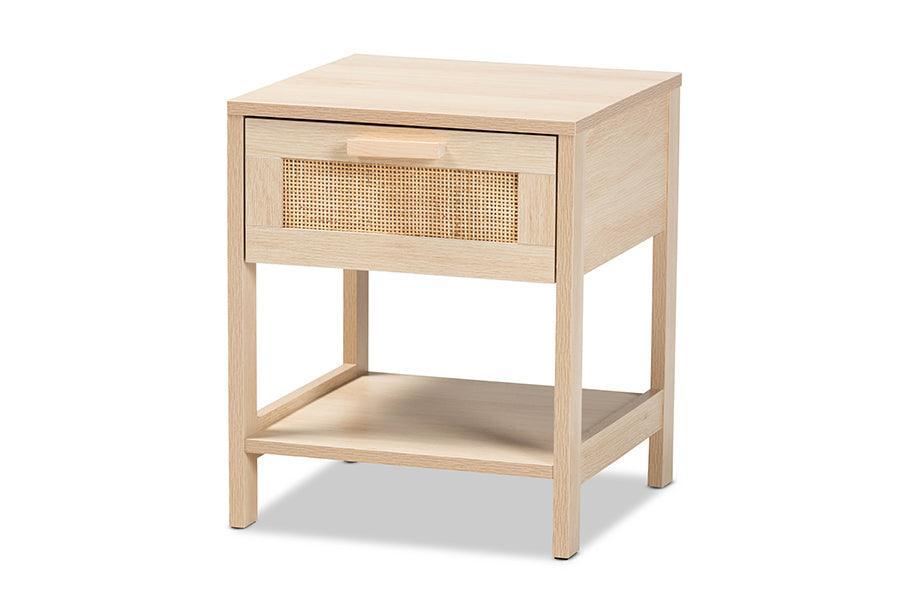 Sebille Mid-Century Modern Light Brown Finished Wood 1-Drawer Nightstand with Natural Rattan FredCo