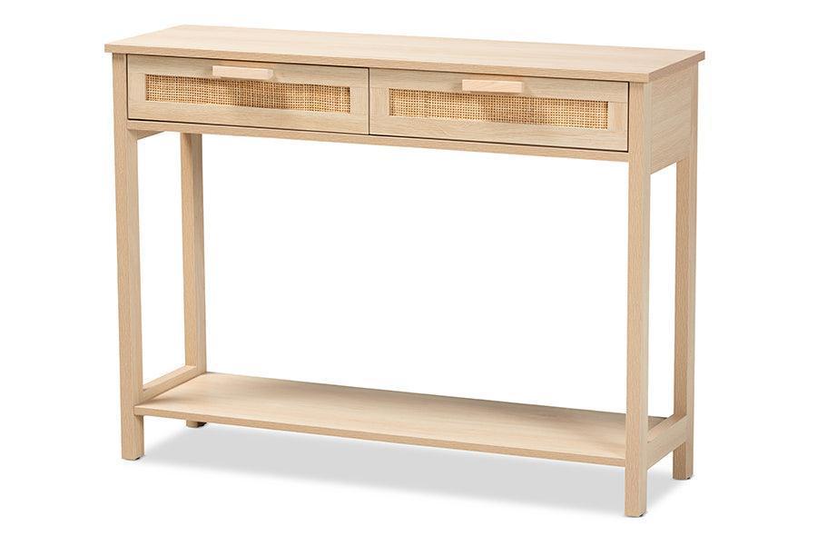 Sebille Mid-Century Modern Light Brown Finished Wood 2-Drawer Console Table with Natural Rattan FredCo