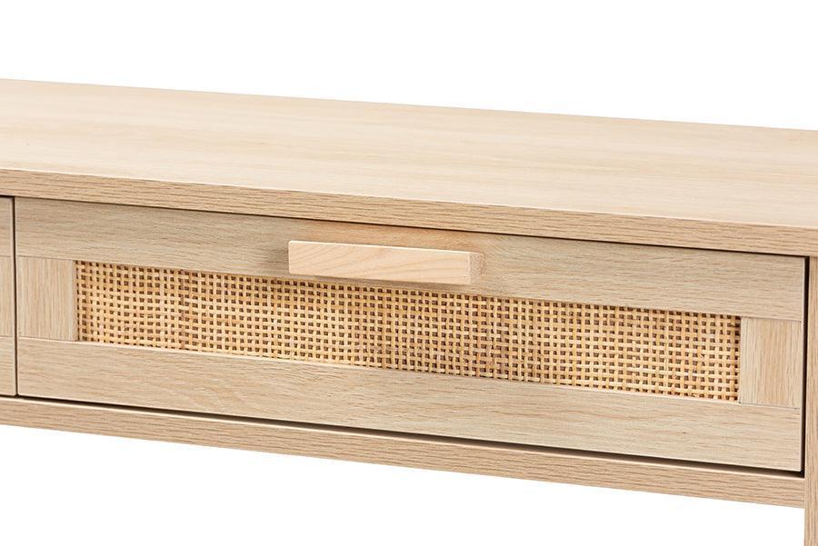 Sebille Mid-Century Modern Light Brown Finished Wood 2-Drawer Console Table with Natural Rattan FredCo