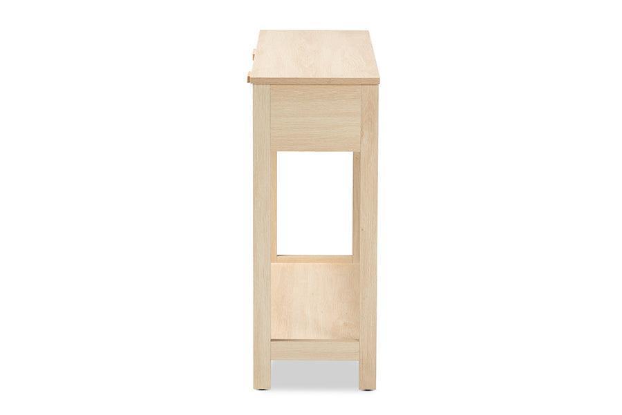 Sebille Mid-Century Modern Light Brown Finished Wood 2-Drawer Console Table with Natural Rattan FredCo