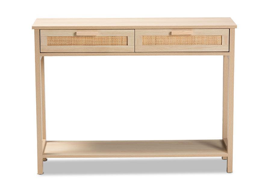 Sebille Mid-Century Modern Light Brown Finished Wood 2-Drawer Console Table with Natural Rattan FredCo
