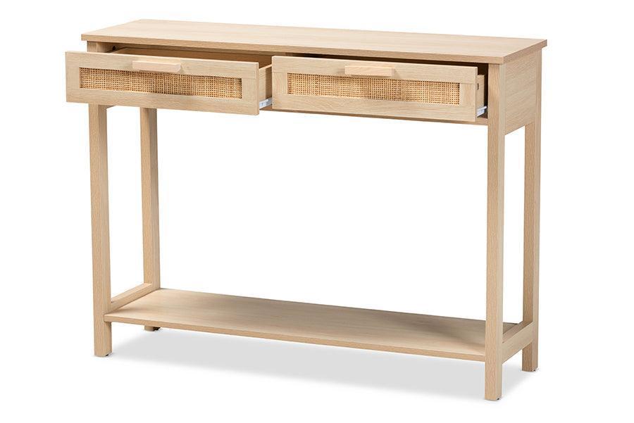 Sebille Mid-Century Modern Light Brown Finished Wood 2-Drawer Console Table with Natural Rattan FredCo