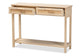 Sebille Mid-Century Modern Light Brown Finished Wood 2-Drawer Console Table with Natural Rattan FredCo