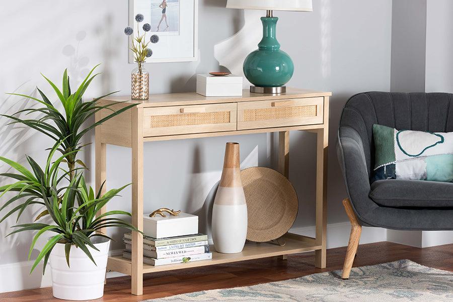 Sebille Mid-Century Modern Light Brown Finished Wood 2-Drawer Console Table with Natural Rattan FredCo
