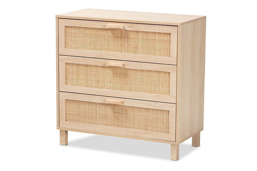 Sebille Mid-Century Modern Light Brown Finished Wood 3-Drawer Storage Chest with Natural Rattan FredCo