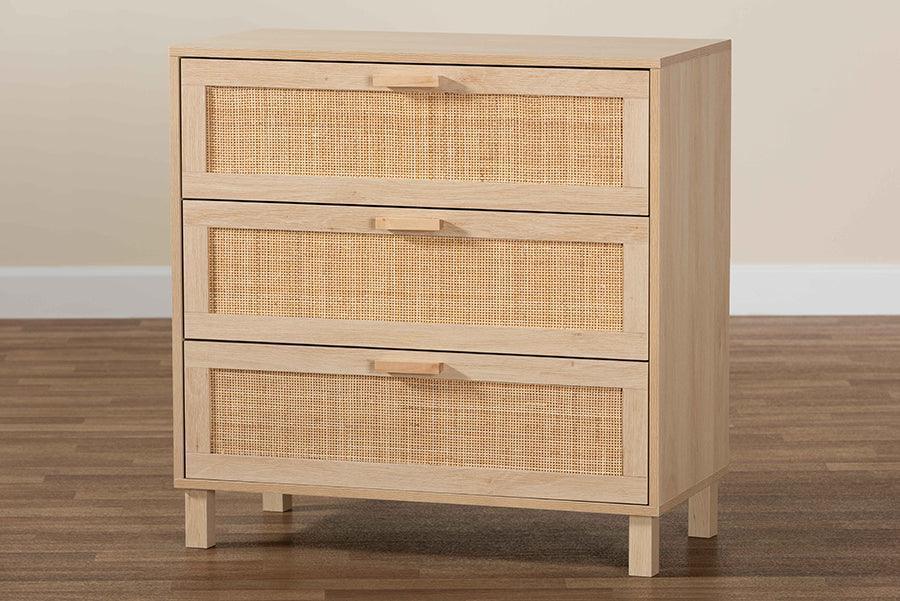 Sebille Mid-Century Modern Light Brown Finished Wood 3-Drawer Storage Chest with Natural Rattan FredCo