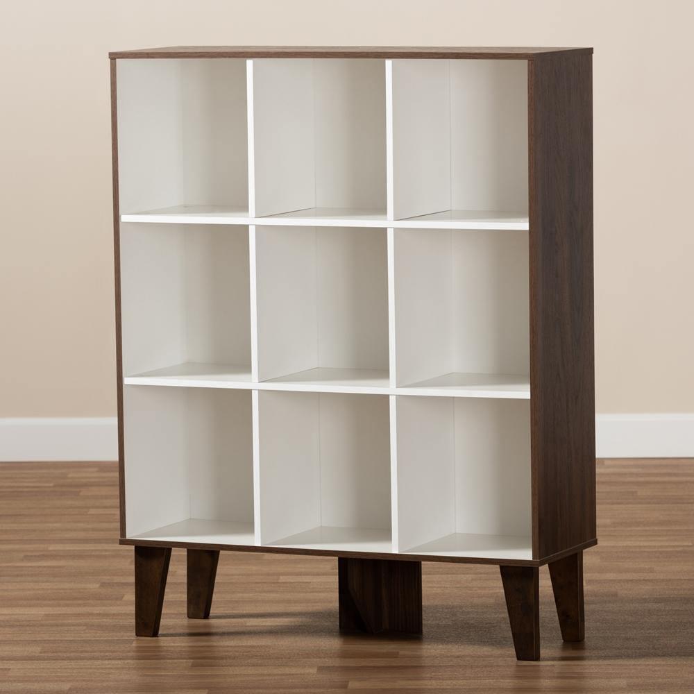 Senja Modern and Contemporary Two-Tone White and Walnut Brown Finished Wood 9-Shelf Bookcase FredCo