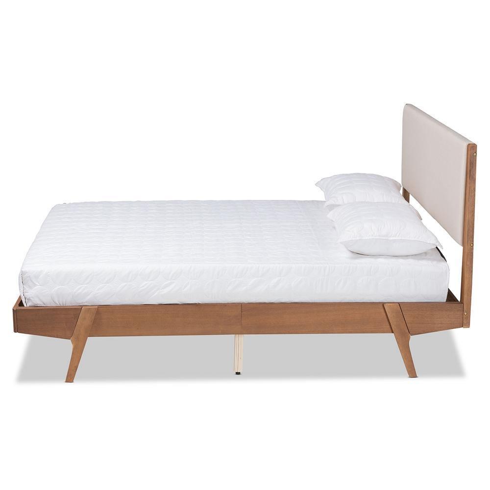 Senna Mid-Century Modern Beige Fabric Upholstered and Walnut Brown Finished Wood Full Size Platform Bed FredCo