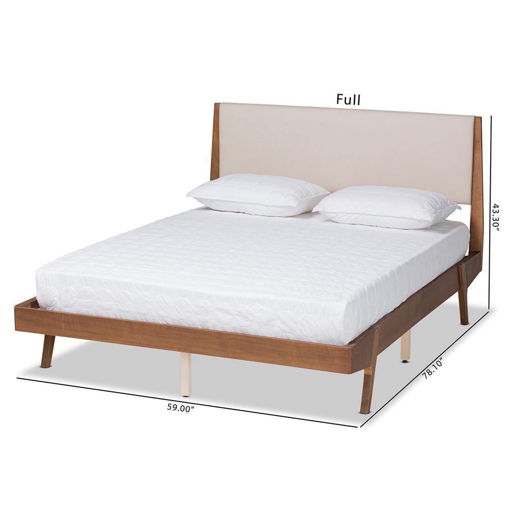 Senna Mid-Century Modern Beige Fabric Upholstered and Walnut Brown Finished Wood King Size Platform Bed FredCo