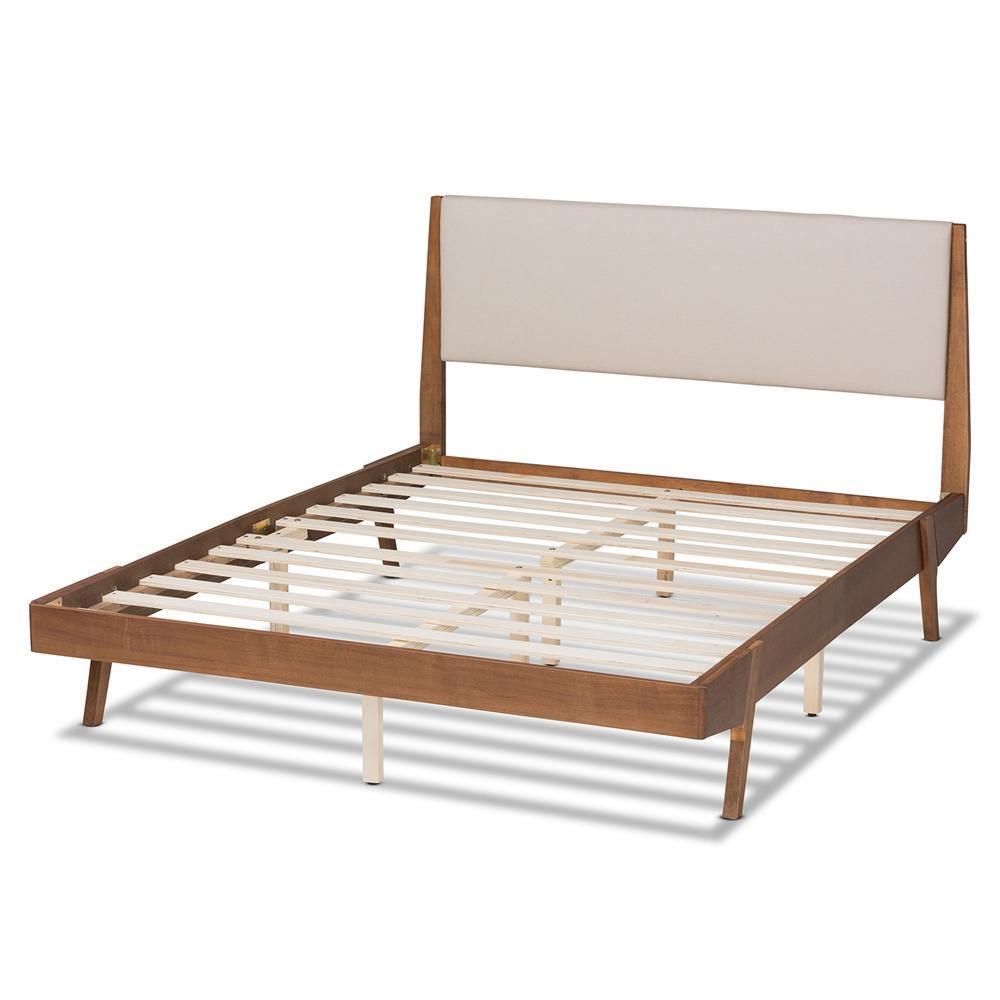 Senna Mid-Century Modern Beige Fabric Upholstered and Walnut Brown Finished Wood King Size Platform Bed FredCo