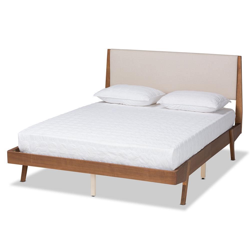 Senna Mid-Century Modern Beige Fabric Upholstered and Walnut Brown Finished Wood Queen Size Platform Bed FredCo