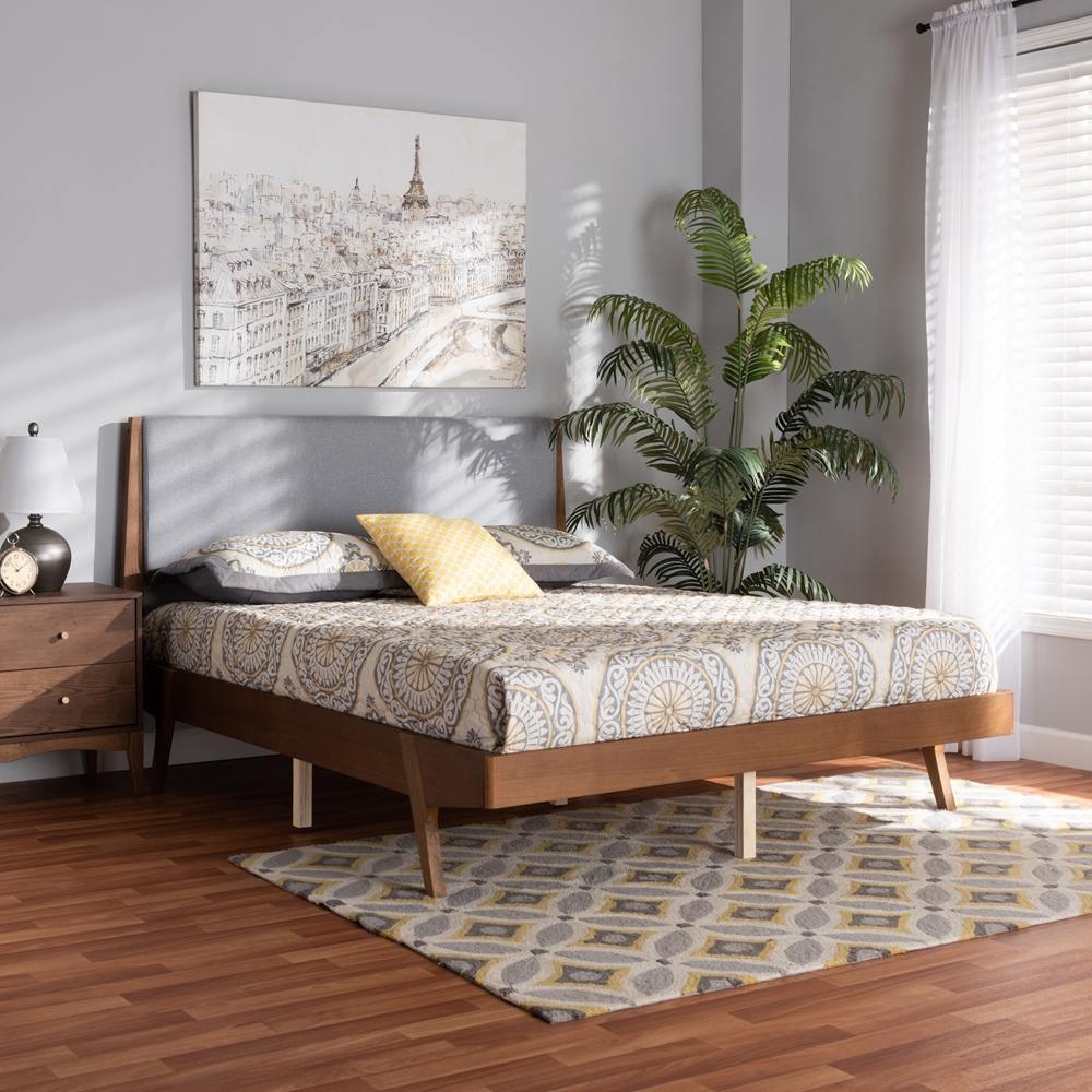 Senna Mid-Century Modern Grey Fabric Upholstered and Walnut Brown Finished Wood Full Size Platform Bed FredCo