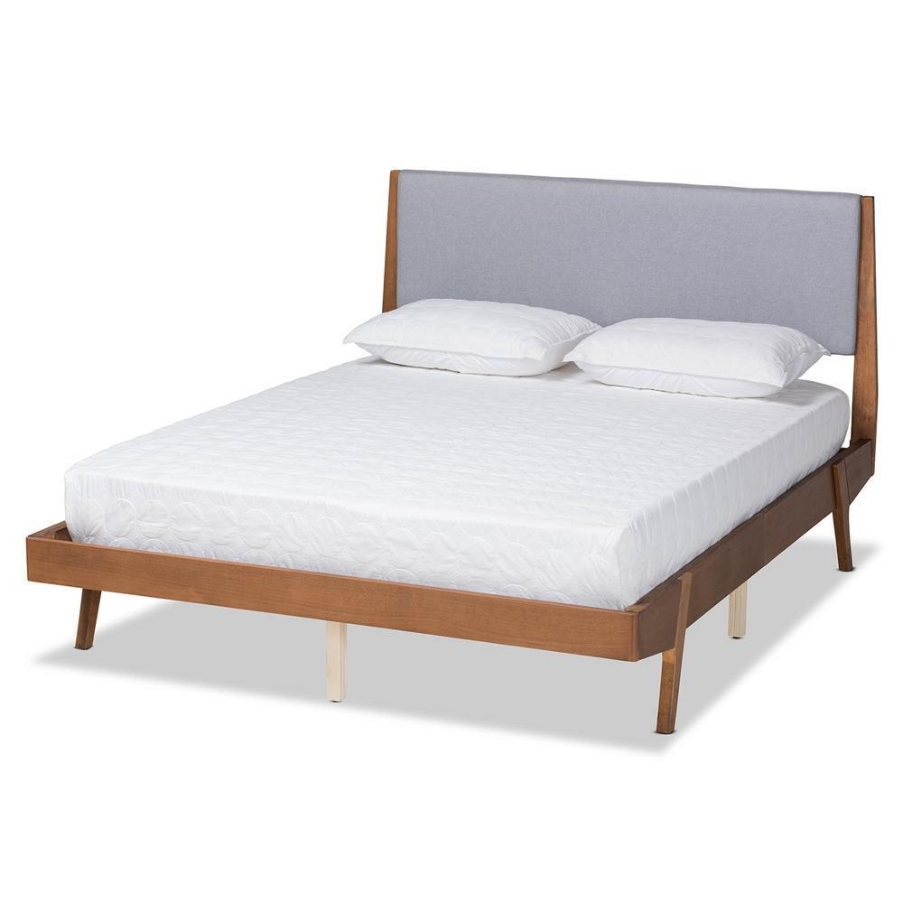 Senna Mid-Century Modern Grey Fabric Upholstered and Walnut Brown Finished Wood King Size Platform Bed FredCo