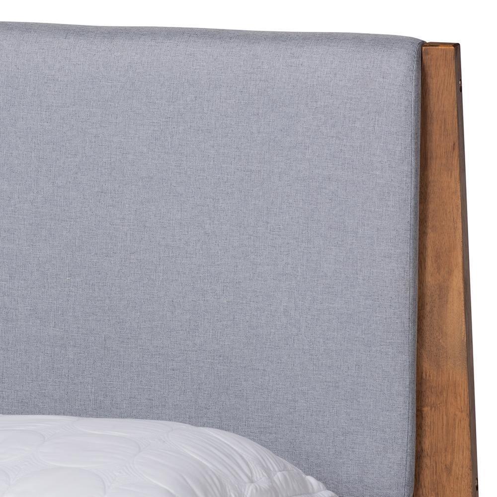 Senna Mid-Century Modern Grey Fabric Upholstered and Walnut Brown Finished Wood King Size Platform Bed FredCo