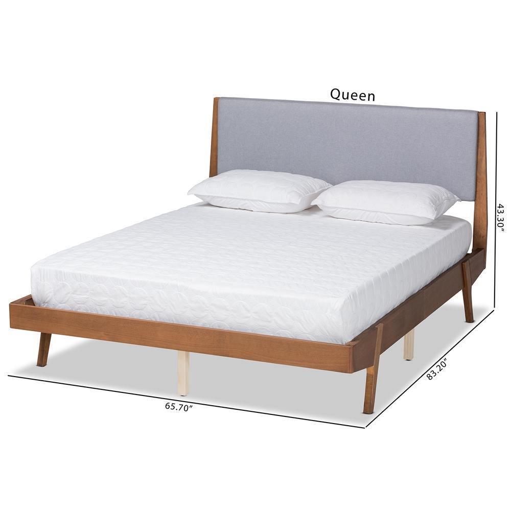 Senna Mid-Century Modern Grey Fabric Upholstered and Walnut Brown Finished Wood King Size Platform Bed FredCo