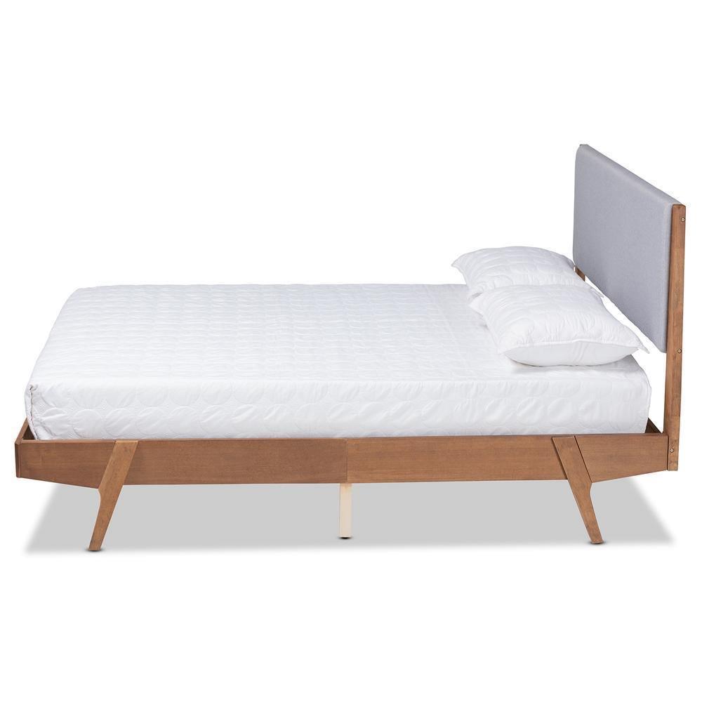 Senna Mid-Century Modern Grey Fabric Upholstered and Walnut Brown Finished Wood King Size Platform Bed FredCo
