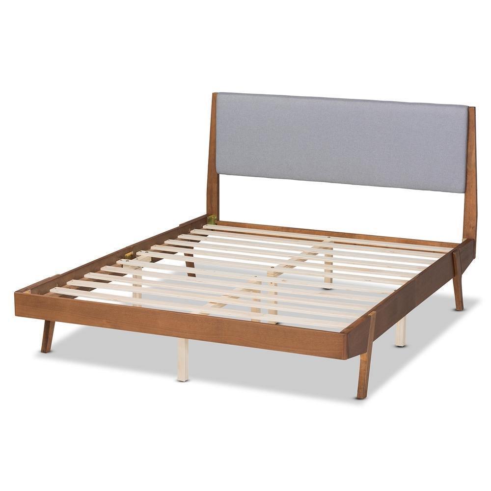 Senna Mid-Century Modern Grey Fabric Upholstered and Walnut Brown Finished Wood King Size Platform Bed FredCo