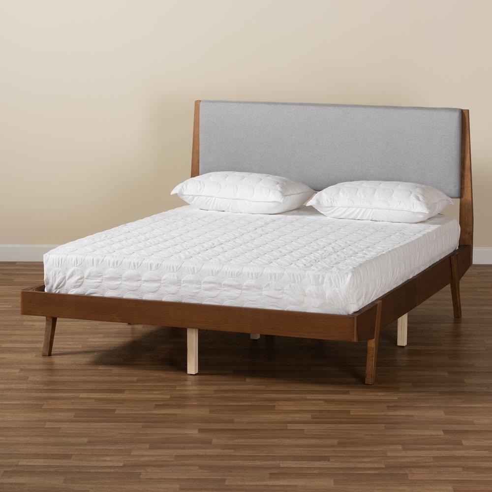 Senna Mid-Century Modern Grey Fabric Upholstered and Walnut Brown Finished Wood Queen Size Platform Bed FredCo