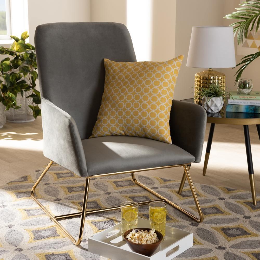 Sennet Glam and Luxe Grey Velvet Fabric Upholstered Gold Finished Armchair FredCo