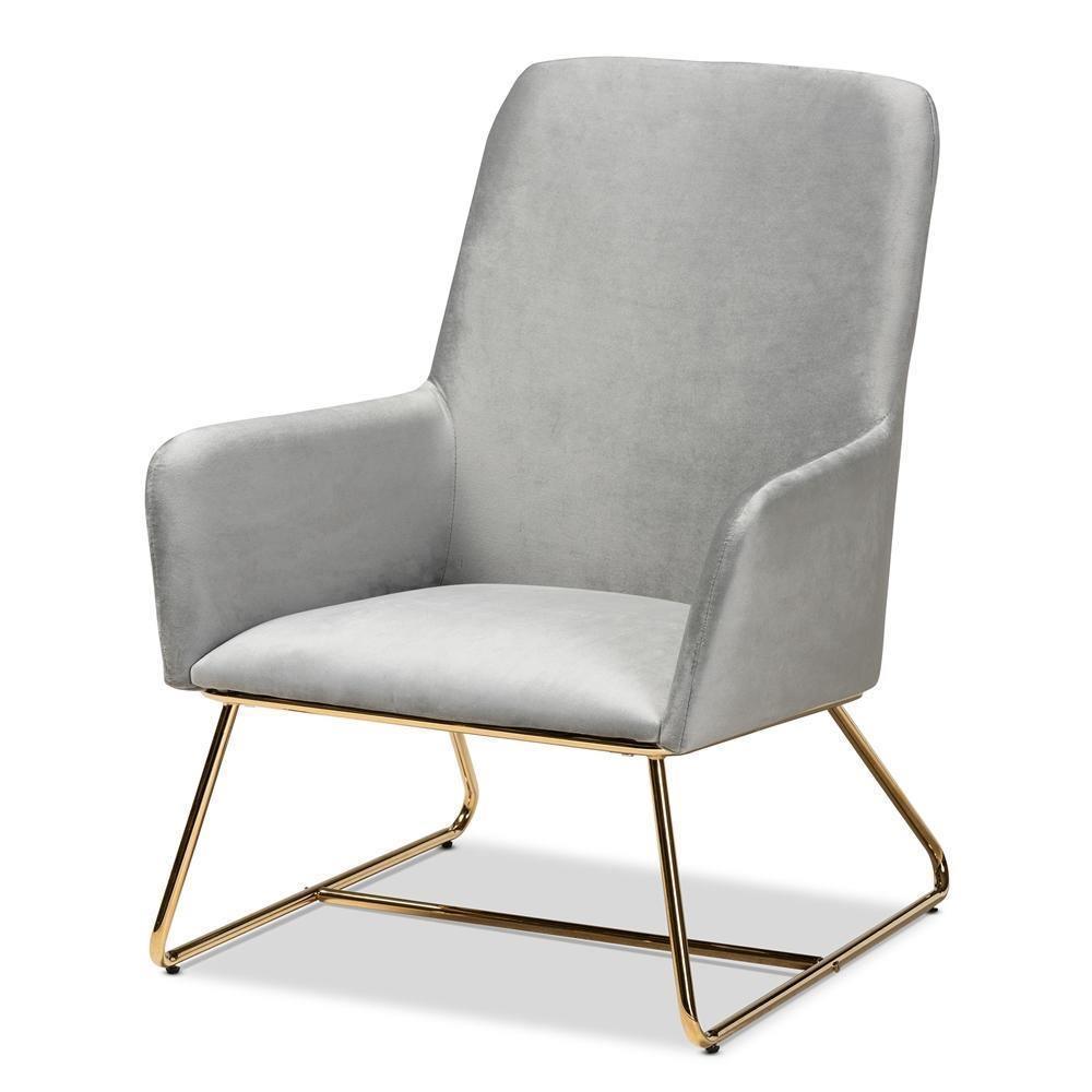 Sennet Glam and Luxe Grey Velvet Fabric Upholstered Gold Finished Armchair FredCo