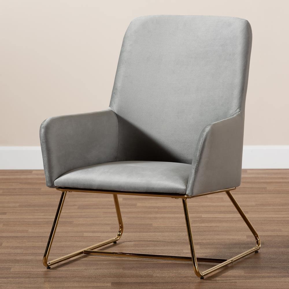 Sennet Glam and Luxe Grey Velvet Fabric Upholstered Gold Finished Armchair FredCo