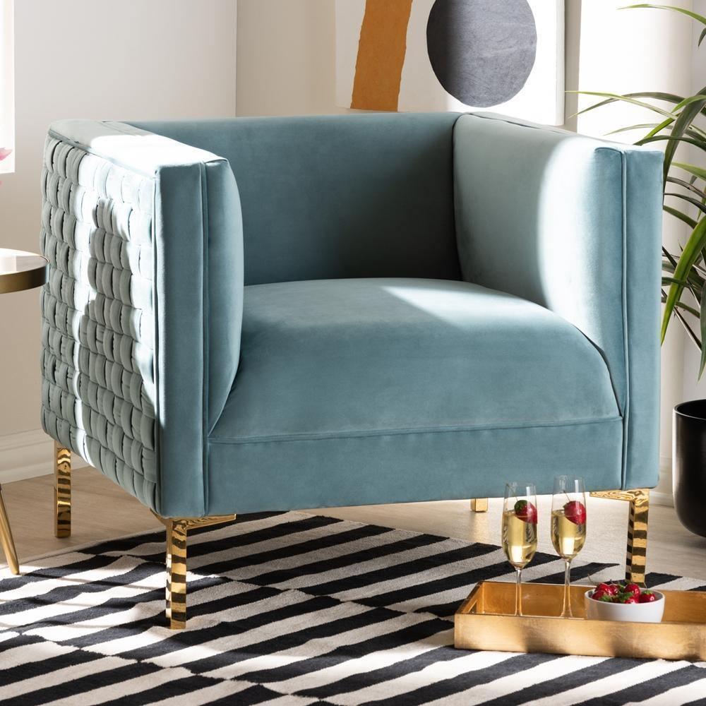 Seraphin Glam and Luxe Light Blue Velvet Fabric Upholstered Gold Finished Armchair FredCo