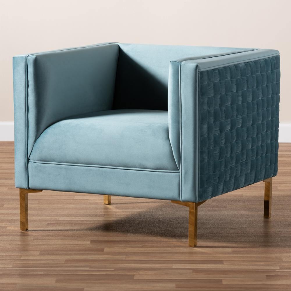 Seraphin Glam and Luxe Light Blue Velvet Fabric Upholstered Gold Finished Armchair FredCo