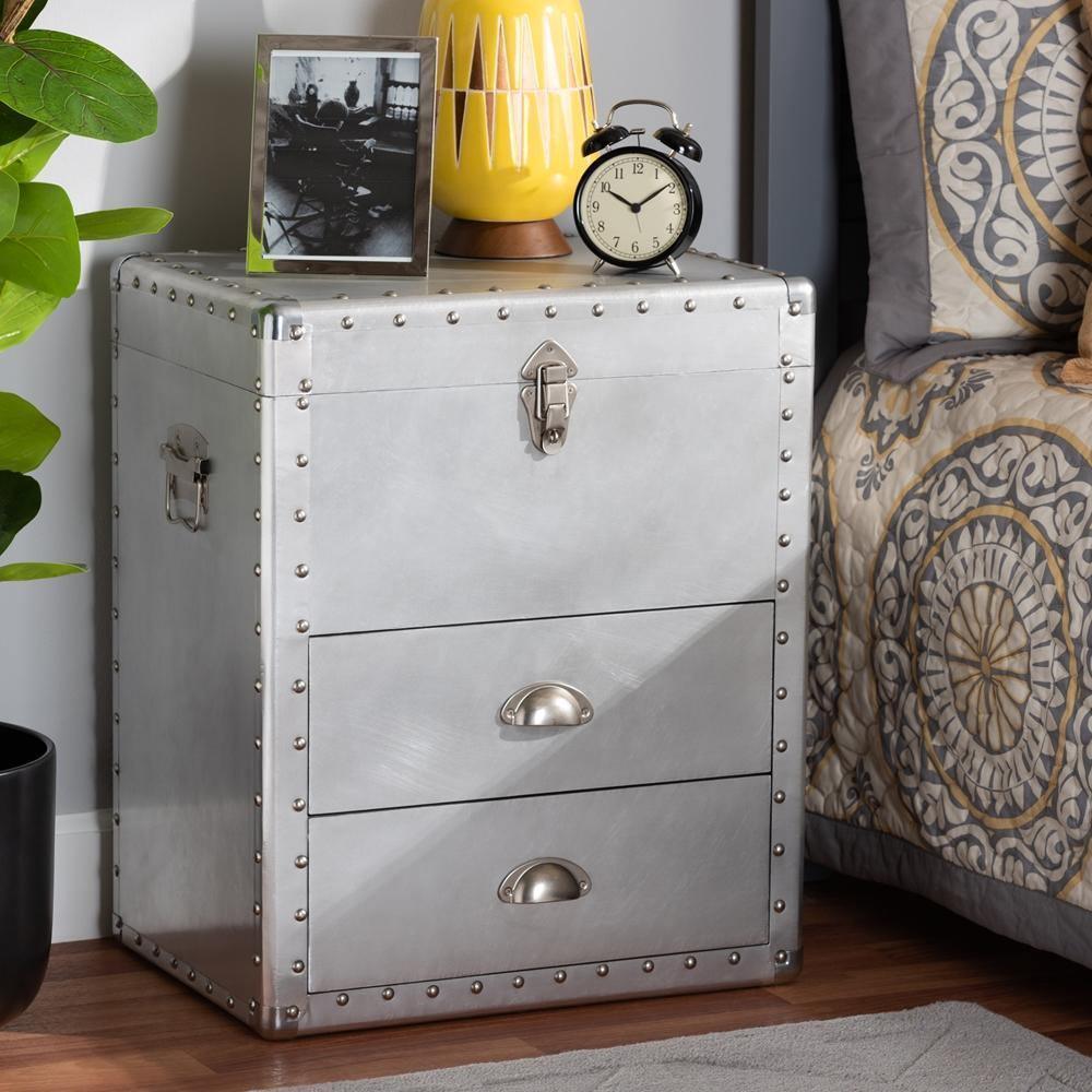 Serge French Industrial Silver Metal 2-Drawer Accent Storage Cabinet FredCo