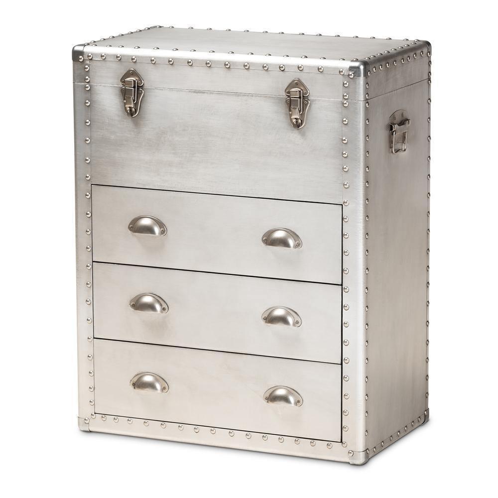 Serge French Industrial Silver Metal 3-Drawer Accent Storage Cabinet FredCo