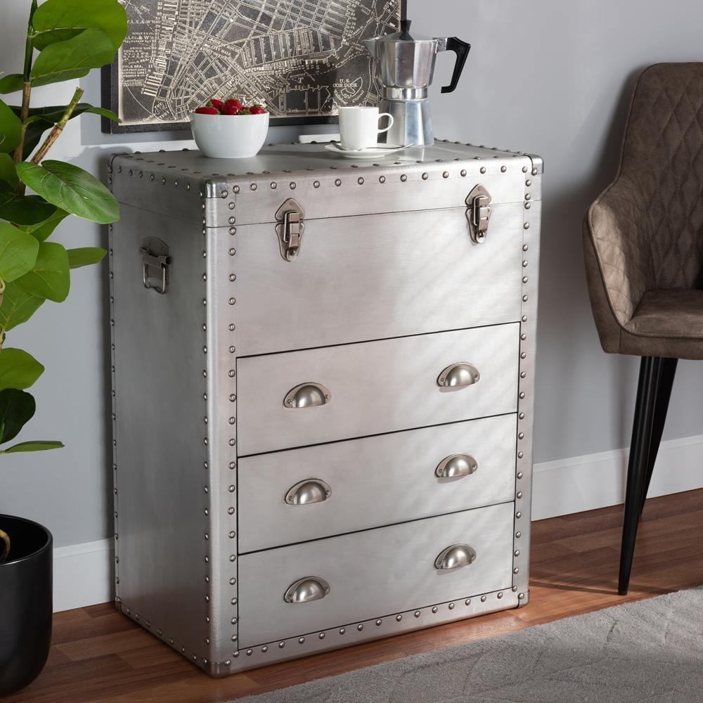 Serge French Industrial Silver Metal 3-Drawer Accent Storage Cabinet FredCo