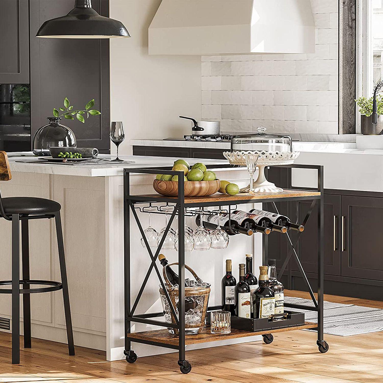 Serving Cart with Glass Stemware Rack and Wine Bottle Holders FredCo