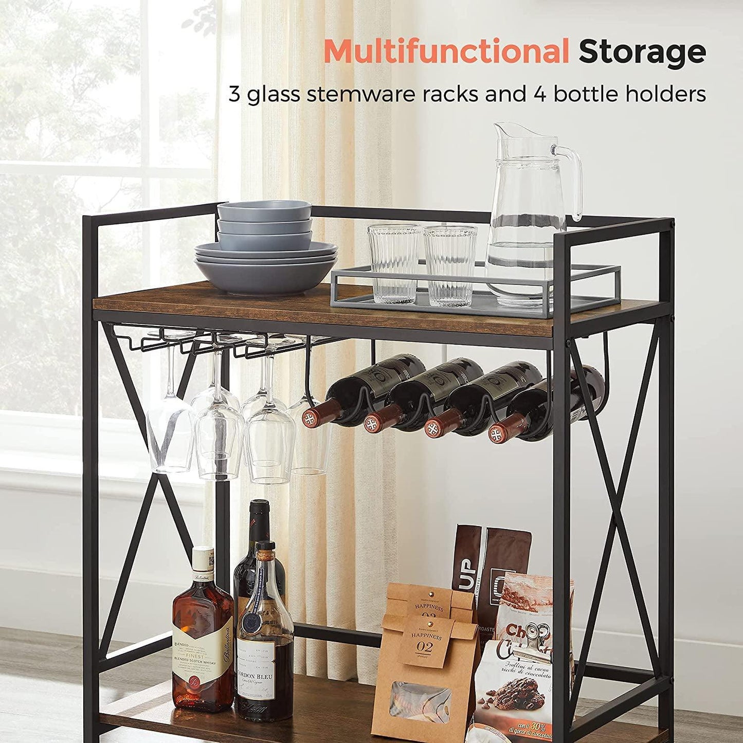 Serving Cart with Glass Stemware Rack and Wine Bottle Holders FredCo